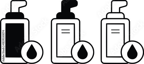 set of dispenser bottles with liquid drop icons representing skincare or cosmetic products vector