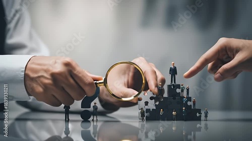 Wallpaper Mural Hands Hold Magnifying Glass Over Jigsaw Puzzle Pyramid of Small Figurines and Question Mark on Gray Reflective Surface Torontodigital.ca