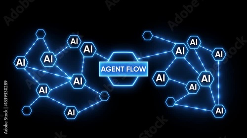 AI Network with Central Agent Flow and Connected Hexagonal Nodes artificial intelligence