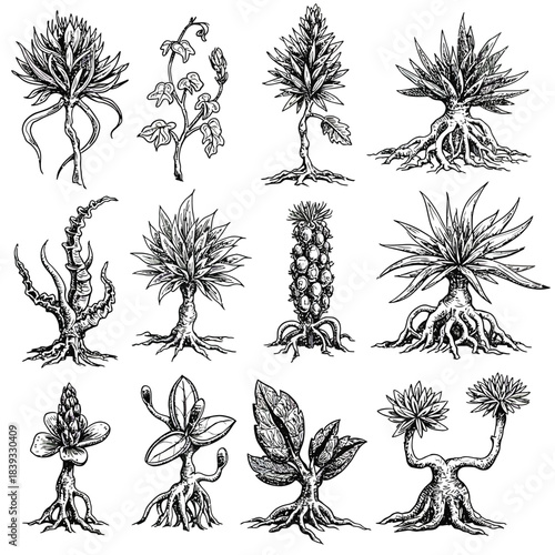 Captivating Vector Collection of Abstract Hand-Drawn Botanical Sketches, Featuring Unique Organic Plant Forms and Intricate Fantasy Flora Illustrations for Creative Design Projects