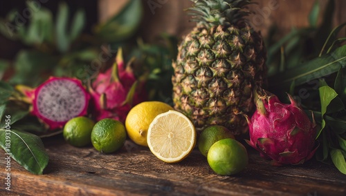 Rustic display of fresh pineapple, dragon fruit, lemons, and limes on aged wooden table with verdant greenery