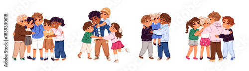 Groups of happy children set. Kids celebrate success, support and hug together. Little friends have fun, cuddle and rejoice. Child friendship. Flat isolated vector illustrations on white background.