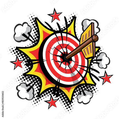 Arrow hits to center of target, achieving business goal metaphor. Vector in comic style on transparent background