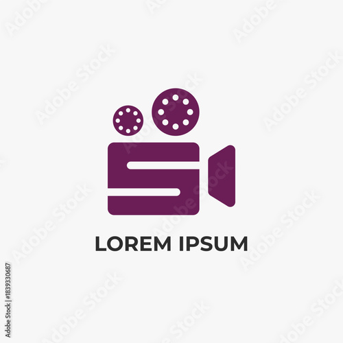 Bold minimalist film camera icon in modern purple tones, featuring clean geometric shapes and reel details. Ideal for media branding, logos, apps