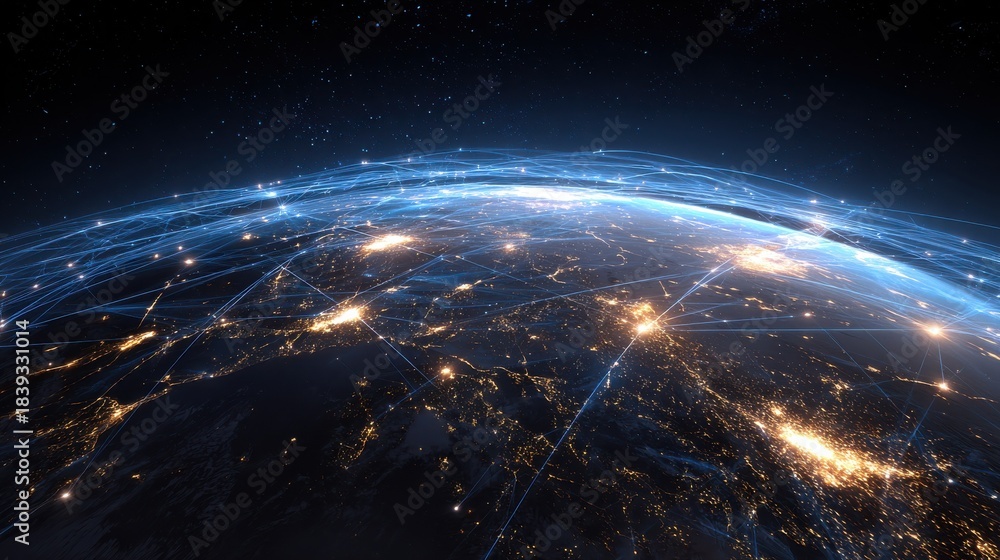Fototapeta premium a glowing earth view with city lights and connecting lines in blue