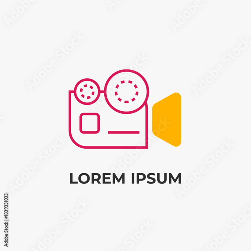 A modern, minimalist, lineart style video camera logo in pink and yellow. Perfect for video production branding
