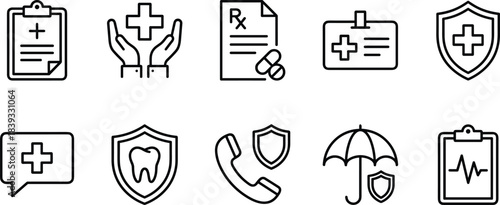 Medical Insurance and Health Care Icon Set: Policy Document, Rx Prescription, Dental Shield, Ambulance, and Protection Umbrella Line Art Vector