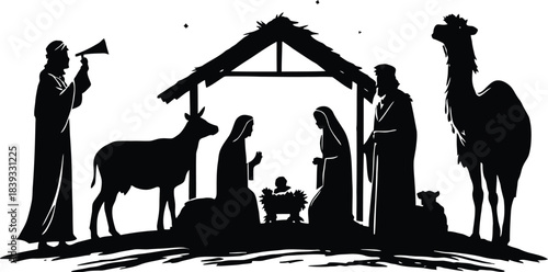 Complete Black Silhouette of the Nativity Scene Featuring Mary, Joseph, Baby Jesus in the Manger, a Shepherd, a Donkey, and a Camel in the Stable.