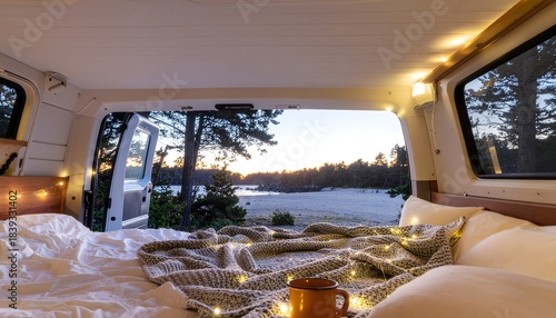 Cozy camper van overlooking warm sunset beach high resolution photo