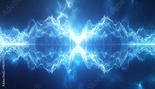 Symmetrical blue energy waves emanate outwards from a bright center in a deep dark sky