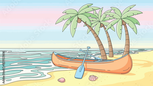 Cute Cartoon Canoe on Tropical Beach with Palm Trees and Pastel Sunset