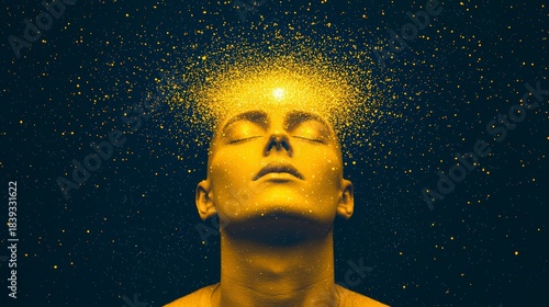 A surreal image of a serene figure illuminated by golden particles, suggesting a connection to higher consciousness or creativity.