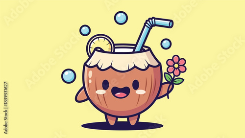 Cute Cartoon Coconut Drink Character Holding a Pink Flower