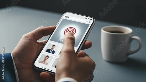 Wallpaper Mural Hands Hold Smartphone displaying a Red Target on Screen over Table with Coffee Cup in a Low Key Gray Environment Torontodigital.ca