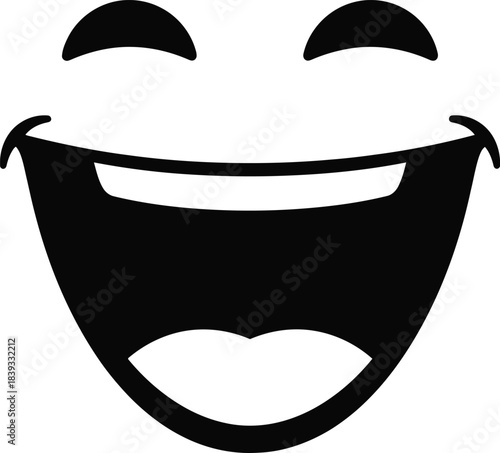 Black and white illustration of a laughing face icon