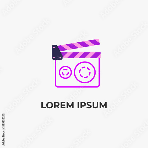 Clapperboard logo combined with video camera film roll, purple color. Perfect for video production branding, filmmaking company logos