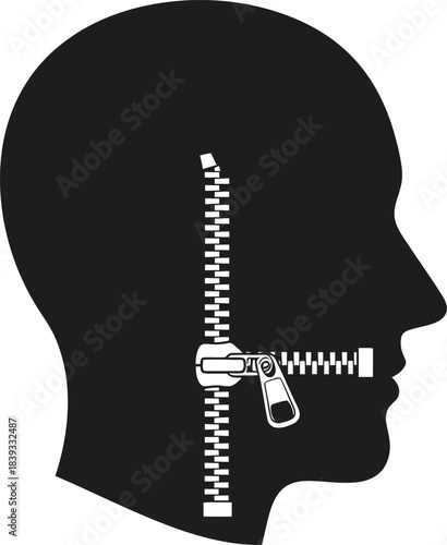 Human head silhouette with zipper covering mouth