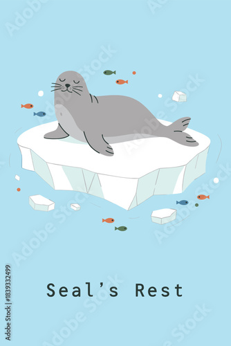 Cute cartoon seal sleeping resting on an ice floe in the cold northern sea with small fish and floating ice cubes around in a flat simple vector style.