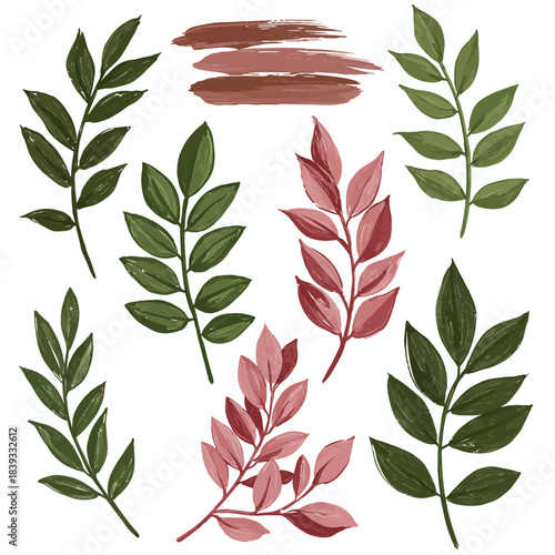 A charming vector collection of botanical elements, featuring hand-drawn green and reddish leaves with artistic rough brush strokes, ideal for nature-inspired design
