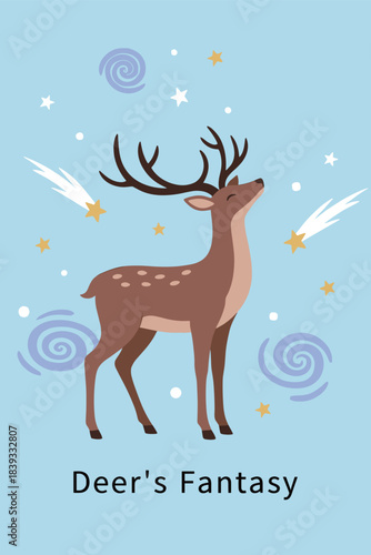 Majestic deer with large antlers looking up at the sky surrounded by shooting stars and swirling nebula in a blue fantasy vector illustration.