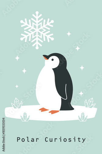 Cute cartoon penguin standing on a small ice floe looking up at a large snowflake and surrounding ice crystals in a cold polar vector design.
