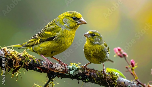 Two vibrant, yellow-green birds perch on a mossy branch with blurred background of muted greens, yellows, and pinks