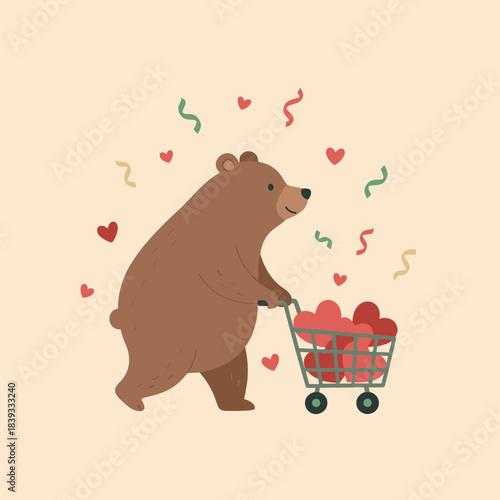 Cute cartoon brown bear pushing a shopping cart full of red hearts, symbolizing love and shopping for gifts, drawn in a cheerful Valentine's vector style.