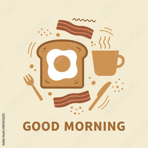 Hearty good morning breakfast with fried egg on toast, bacon strips, and a hot steaming cup of coffee or tea, in a retro flat vector style.