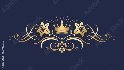 Golden Royal Crown and Lily Flower Ornate Decorative Element