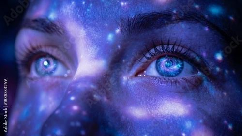 Macro close up of woman's eyes with glowing blue galaxy light projected on face, futuristic vision and imagination concept