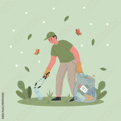 Man volunteer cleaning up trash in the park or forest, picking up plastic bottle with a grabber and collecting waste in a bag, promoting environmental protection.