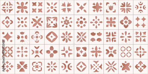 Watercolor geometric botanical ornamental ceramic tile seamless pattern. Floral vector oriental, islamic design. Minimalist hand drawn brown background