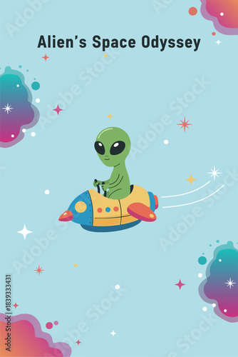 Little green alien riding a yellow and blue spaceship through a colorful nebula and stars in an exciting space odyssey flat vector illustration.
