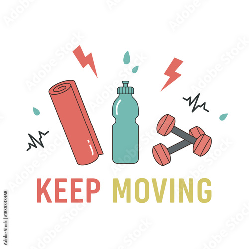 Keep moving fitness illustration with a yoga mat, water bottle, and dumbbells surrounded by dynamic health and exercise symbols in a simple outline vector style.