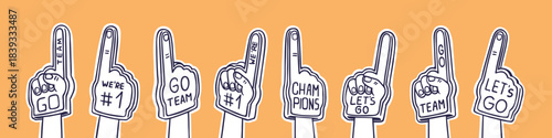 Contour fan foam fingers. Hands up with gloves with number 1. Football or baseball fandom supports. Sign of victory, win, success. Cheering of the best sport team. Outline isolated vector illustration