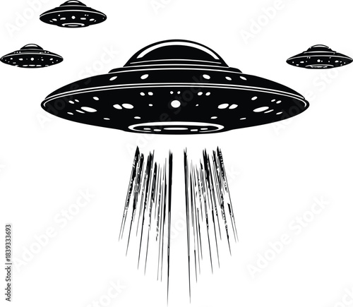 Dramatic Black Silhouette of a Large Flying Saucer with Surrounding Fleet and Dynamic Abstract Tractor Beams for Sci-Fi Designs.