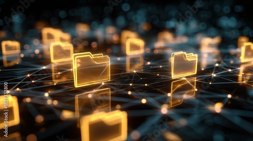 dynamic digital network of glowing data folders interconnected by luminous lines symbolizing cloud storage data transfer and information sharing in a modern technological landscape