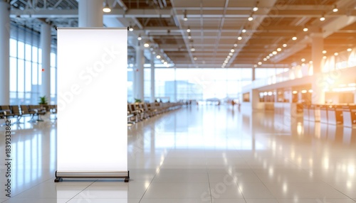 Blank roll up banner display in modern, bright airport terminal