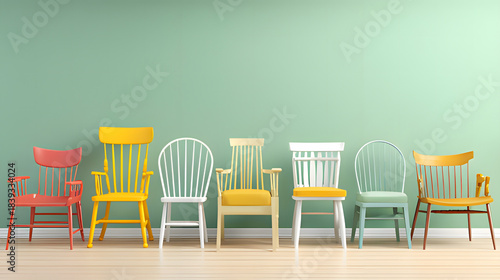 A playful arrangement of mismatched chairs in vibrant colors, representing whimsical seating dilemmas.