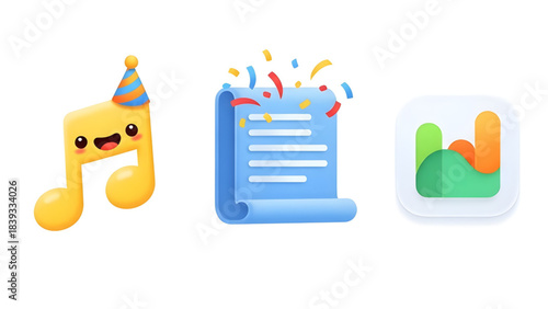 Set of colorful 3D icons musical note with party hat, rolled paper with confetti, and a bar chart representing progress and growth
