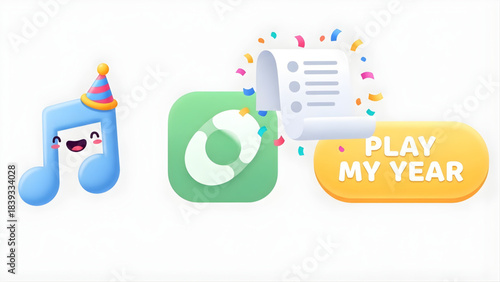 Festive music note wearing party hat, streaming playlist with confetti, and "Play My Year" button indicating a fun music experience