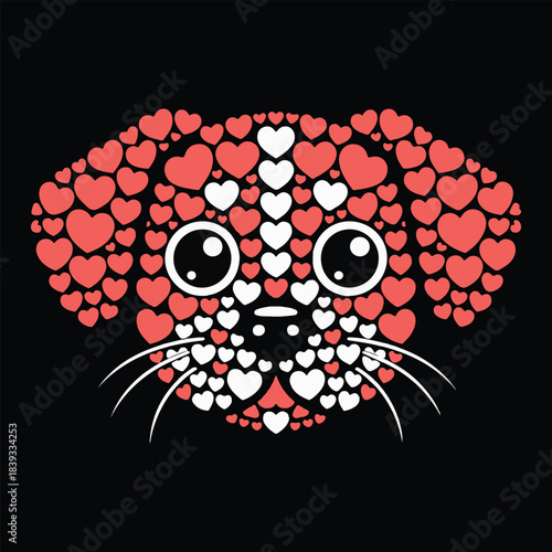 A dog face red and white hearts