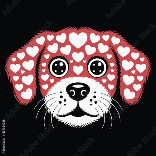 A dog face red and white hearts