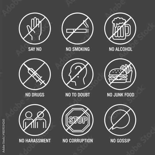 Prohibition Rules: Public Safety & Restricted Access Signs Icon Set icons set