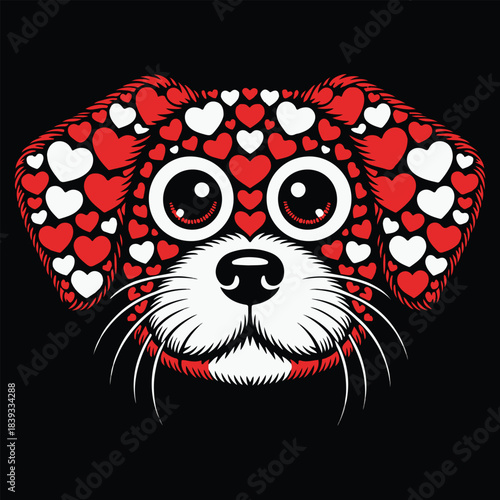 A dog face red and white hearts