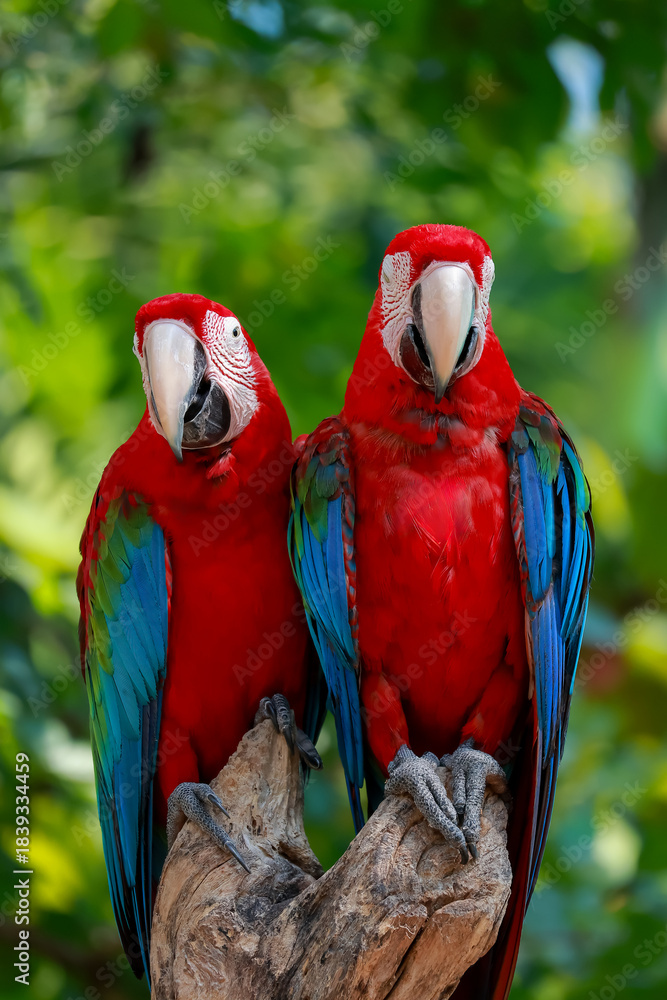 Fototapeta premium Close up head the red macaw parrot bird in garden