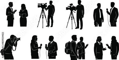 Collection of Media and Journalism Silhouettes Featuring Reporters, Interviewers, Photographers, and Camera Operators Engaging in News Coverage and Broadcasting Activities.