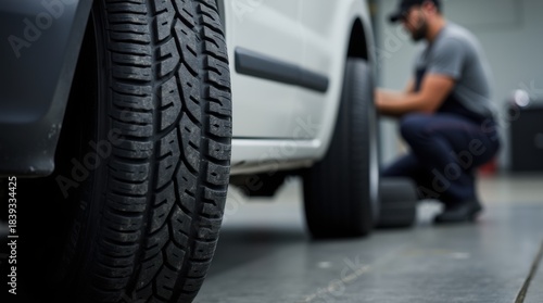 A man worker working with a car tire in the garage. The man, a mechanic, is changing winter and summer tires on a white truck or van at a service center.
