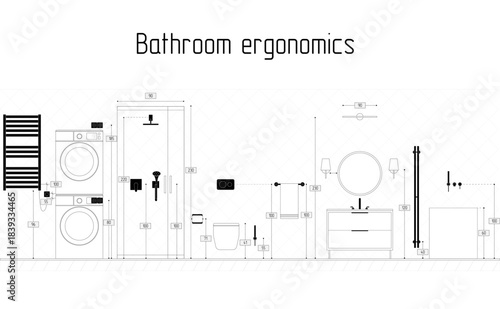 Vector illustration of a bathroom layout with ergonomic dimensions.