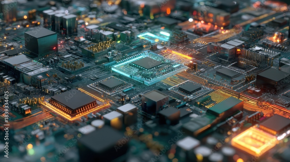 Fototapeta premium circuit boards electronic network a closeup perspective reveals a mesmerizing array of microchips and intricate circuits